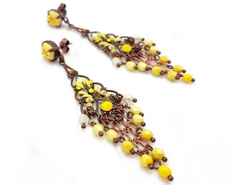 Long yellow earrings, Boho earrings, handmade earrings, polymer clay earrings, ooak earrings, boho chic earrings, waterfall earrings