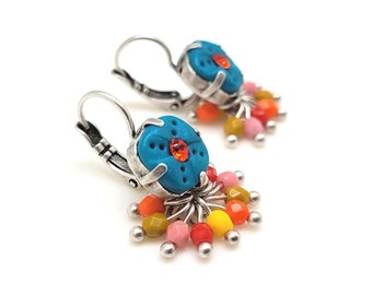 Leverback earrings in peacock blue polymer clay and Czech glass beads