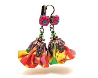 Dangle earrings from polymer clay, multicolored fabric and crystal rhinestones