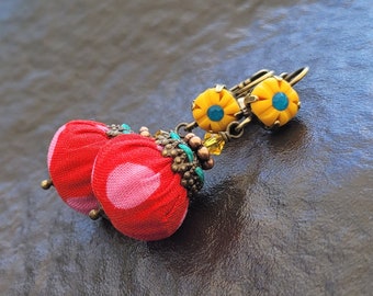 Red and mango dangle earrings from polymer clay and textile beads