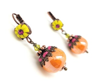 Orange and yellow summery earrings from clay, ceramic and cristal