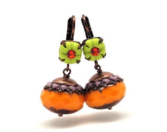 Colorful earrings from polymer clay and big faceted glass beads, orange and green jewel, earrings for women