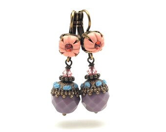 Polymer clay and faceted glass bead drop earrings, gift jewelry for women