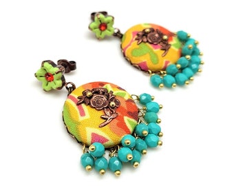 Bohemian earrings from polymer clay, multicolored fabric and small Czech glass beads