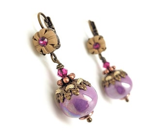 Bold earrings from purple ceramic beads, light brown polymer clay and bronze metal