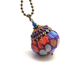 Long necklace from ball chain, multicolored fabric and glass beads