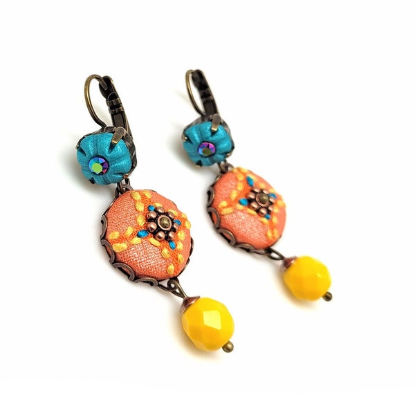 Tangerine and turquoise blue embroidered earrings, multicolored jewel from polymer clay, fabric and glass beads