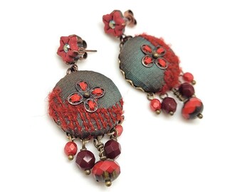 Dark red Boho earrings from polymer clay, embroidered fabric and small Czech glass beads