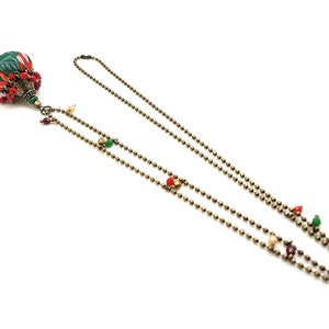 long necklace in Liberty of London fabric in Christmas colors, glass beads and bronze metal image 5