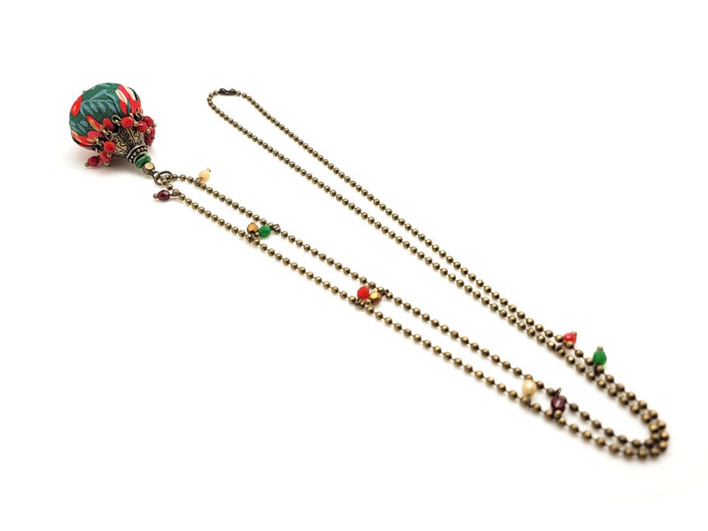 long necklace in Liberty of London fabric in Christmas colors, glass beads and bronze metal image 5