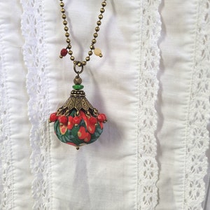 long necklace in Liberty of London fabric in Christmas colors, glass beads and bronze metal image 2