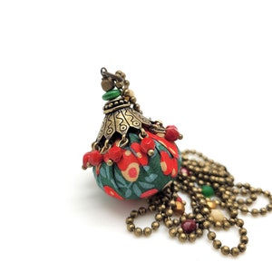 long necklace in Liberty of London fabric in Christmas colors, glass beads and bronze metal image 6