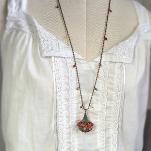 long necklace in Liberty of London fabric in Christmas colors, glass beads and bronze metal image 7