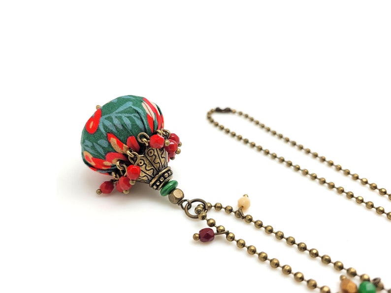 long necklace in Liberty of London fabric in Christmas colors, glass beads and bronze metal image 3