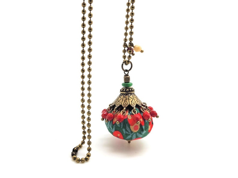 long necklace in Liberty of London fabric in Christmas colors, glass beads and bronze metal image 1
