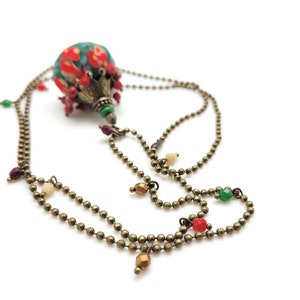 long necklace in Liberty of London fabric in Christmas colors, glass beads and bronze metal image 4