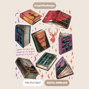 Könnte beinhalten: Ein digitaler Download mit Illustrationen mehrerer Bücher mit Titeln wie "Throne of Glass" und "Queen of Shadows". Die Bücher sind in verschiedenen Farben, darunter Orange, Blau und Grün, mit dekorativen Elementen und Text. Das Bild enthält auch den Text "PNG FILE ONLY" und "DIGITAL DOWNLOAD".