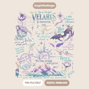 Puede incluir: Un diseño gráfico digital con ilustraciones moradas y azules de montañas, alas, manos y una tetera. El texto incluye City of Starlight Velaris, To whatever end, Suriel Tea Co, Big Wingspan Energy, Bat Boys, House of Wind y Light it up to the stars who listen.