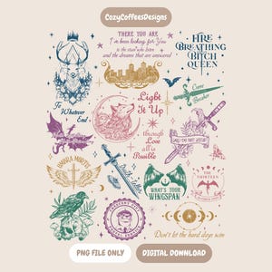 May include: A digital collection of fantasy-themed illustrations featuring a deer, a wolf on a crescent moon, swords, dragons, wings, and a raven on a skull. Text elements include phrases like Fire Breathing Bitch Queen, Light It Up, and Umbra Mortis.