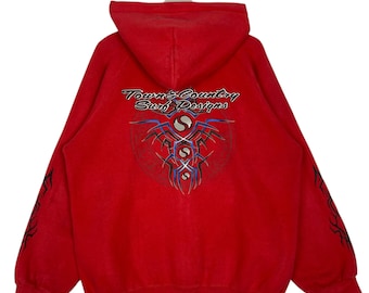 Vintage T&C Surf Hoodie: Röd Hel Dragkedja med Stor Logotyp (Storlek L)