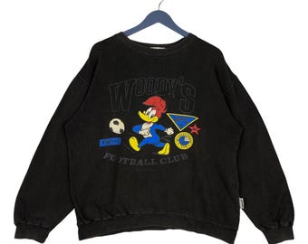 Vintage Woody Woodpecker Printed Crewneck Sweatshirt Black Pullover Jumper Size L