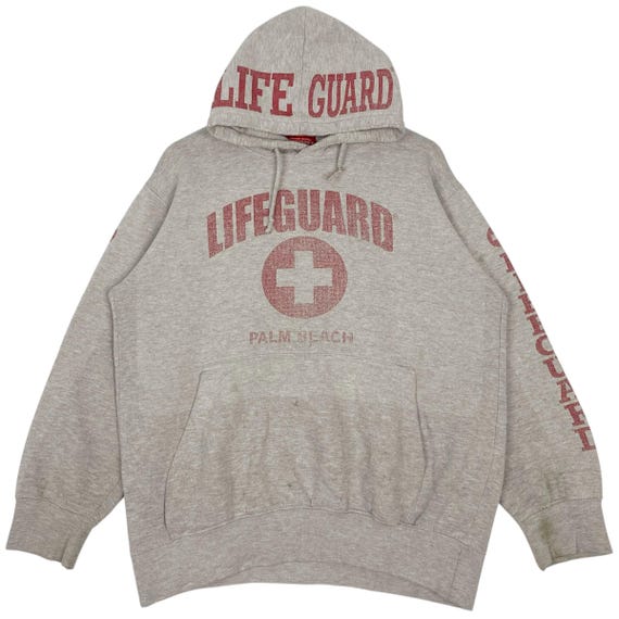 Vintage Life Guard Hoodie Sweater Big Logo Grey Pullover Jumper