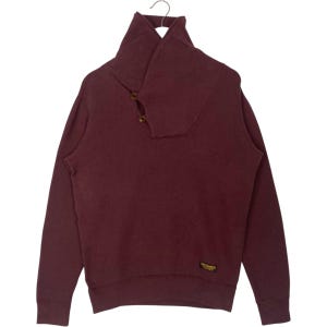 May include: A burgundy sweater with a distinctive shawl collar and two brown buttons. The long-sleeved top features a small label on the lower right. The sweater is suspended from a metal hanger.