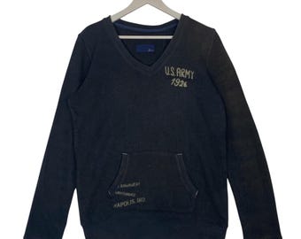 Vintage Army Big Logo Print Sweatshirt Rundringad Marinblå Tröja Storlek L