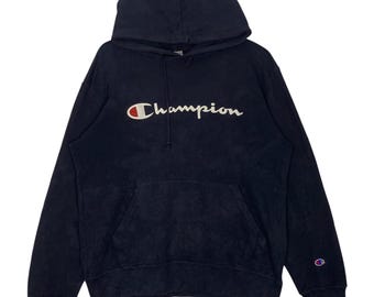 Vintage 90s Champion Black Embroidered Spell Out Hoodie Size Small