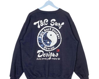 Moletom vintage com estampa de surf T&C e logotipo grande do Havaí, gola redonda, suéter tamanho GG