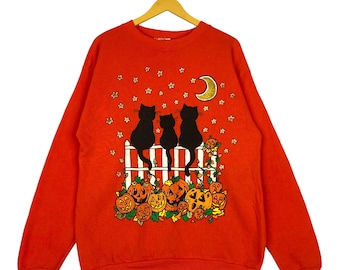Vintage 90a Halloween-sweater met print oranje made in USA trui trui maat L