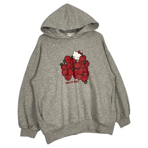 May include: Gray hooded sweatshirt with a Hello Kitty graphic. Hello Kitty is surrounded by red apples and the text "HELLO KITTY" is printed below the graphic.