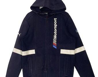 Vintage Puma Motorsport Hoodie Sweater Navy Blue Big Logo Pullover Size L
