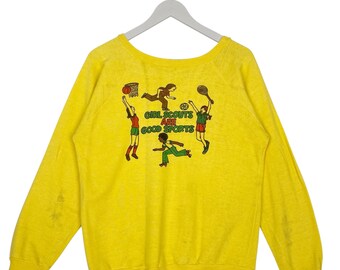 Vintage Girl Scout Print Crewneck Sweatshirt Yellow Pullover Jumper Size M