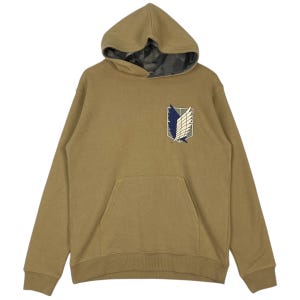 May include: A tan hoodie with a camouflage hood lining and a large embroidered graphic of the Attack on Titan Wings of Freedom emblem on the front.