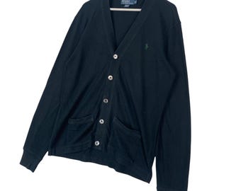 90s Polo by RalphLauren コットン カーディガン ブラック Vintage Ralph Lauren Polo Cardigan: Embroidered Black Pullover