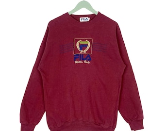 Vintage 90s Fila Biella Italy Sweatshirt Crewneck Maroon Made In Japan Pullover Jumper Size M