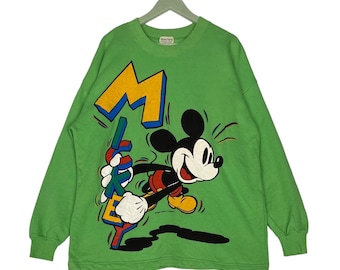 Sudadera vintage de cuello redondo de Mickey Mouse verde de los años 90, talla XL