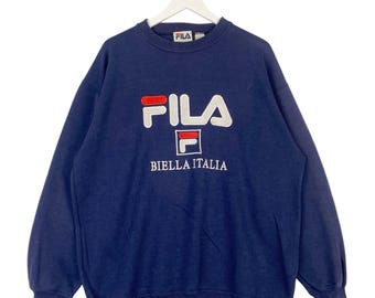 Vintage Fila Langes Sweatshirt mit Rundhalsausschnitt Bestickter Blauer Pullover Pullover Grösse L