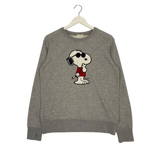 May include: A heather grey long-sleeve crewneck sweatshirt featuring a graphic of the cartoon character Snoopy wearing black sunglasses and a red shirt. The character is depicted in a standing pose with one hand near the chin and the name Schulz printed.