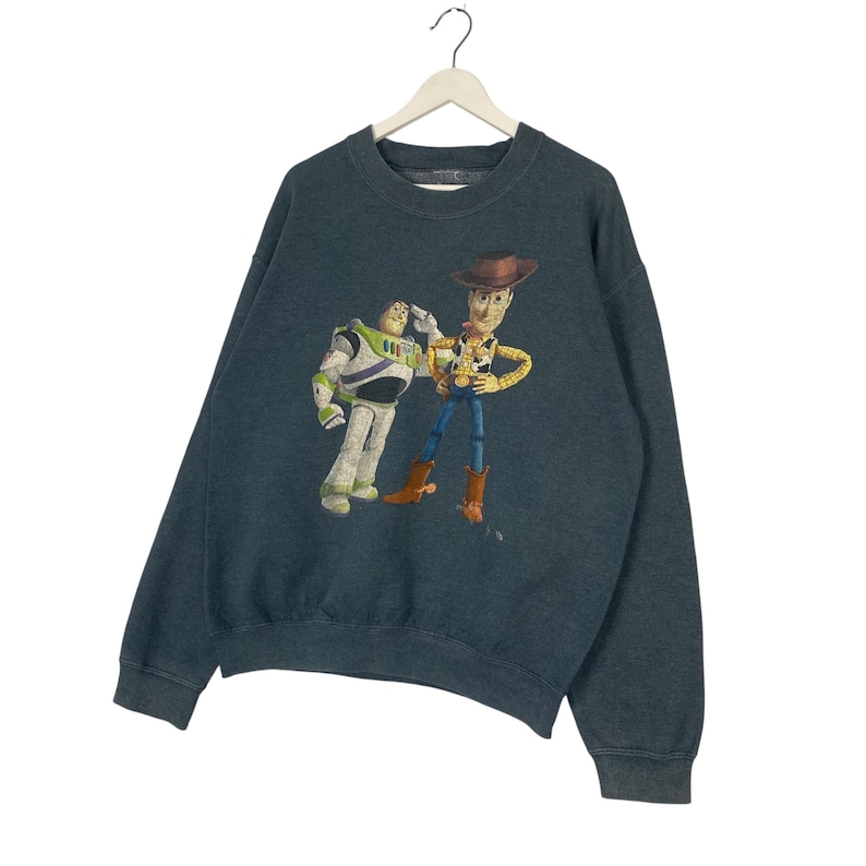 Op de afbeelding: Donker teal sweatshirt met een afbeelding van Buzz Lightyear en Woody uit Toy Story. De personages zijn in kleur, met Buzz in zijn witte en groene ruimtepak en Woody in zijn cowboy-outfit. Het sweatshirt hangt aan een witte hanger.