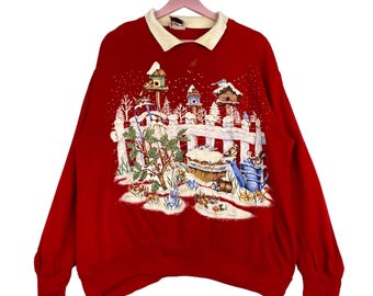 Sudadera roja estilo vintage con cuello y estampado de cascanueces navideño, pájaro nevando, talla XL