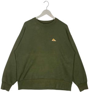 May include: Olive green sweatshirt with a small, embroidered triangle logo on the chest. The long-sleeved top has a crew neck and ribbed cuffs and hem. The garment is hanging on a white hanger.