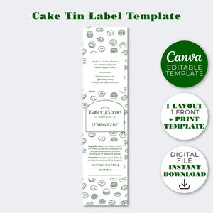 May include: A white cake tin label template with a green border and text. The label includes the text "Cake Tin Label Template", "Bakery Name", and "Lemon Cake". The design also features a pattern of baked goods.