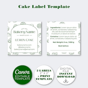May include: A digital cake label template with a white background and green text. The label includes the text "Bakery Name" and "Lemon Cake". The template also includes a Canva editable template and a digital file for instant download.