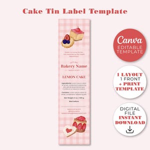 Peut inclure: Un modèle d'étiquette de boîte à gâteau rose avec un motif vichy, présentant des illustrations de tranches de gâteau et un biscuit en forme de cœur. Le texte comprend "Nom de la boulangerie" et "Gâteau au citron".