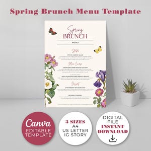 Menú de primavera personalizado, menú de flores de temporada personalizado, plantilla de menú digital. Editable en Canva.