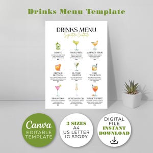 Menu de bebidas personalizado, lista de menu de coquetéis personalizada, modelo de menu digital. Editável no Canva.