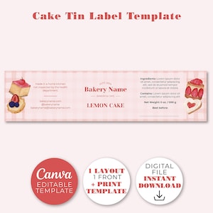 May include: A pink cake tin label template with watercolour illustrations of cake slices and biscuits. The label includes the text "Bakery Name" and "Lemon Cake", with editable fields for ingredients and best before dates. Includes Canva editable template.