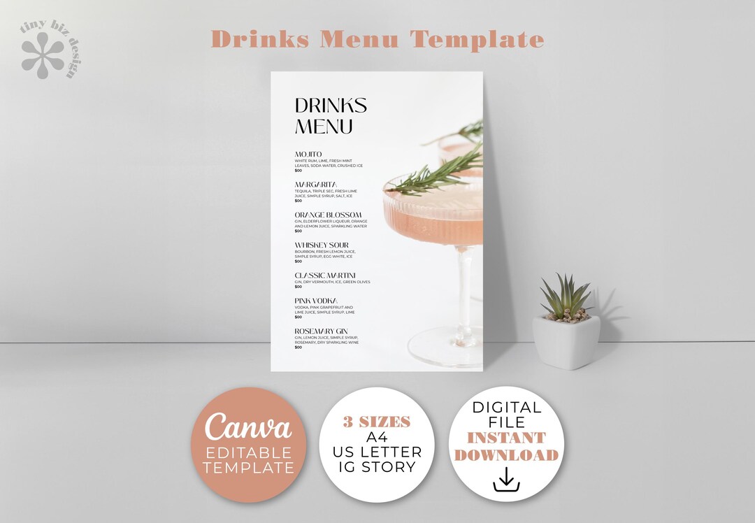 Custom Drinks Menu Template: Elegant Cocktail List (digital File ...